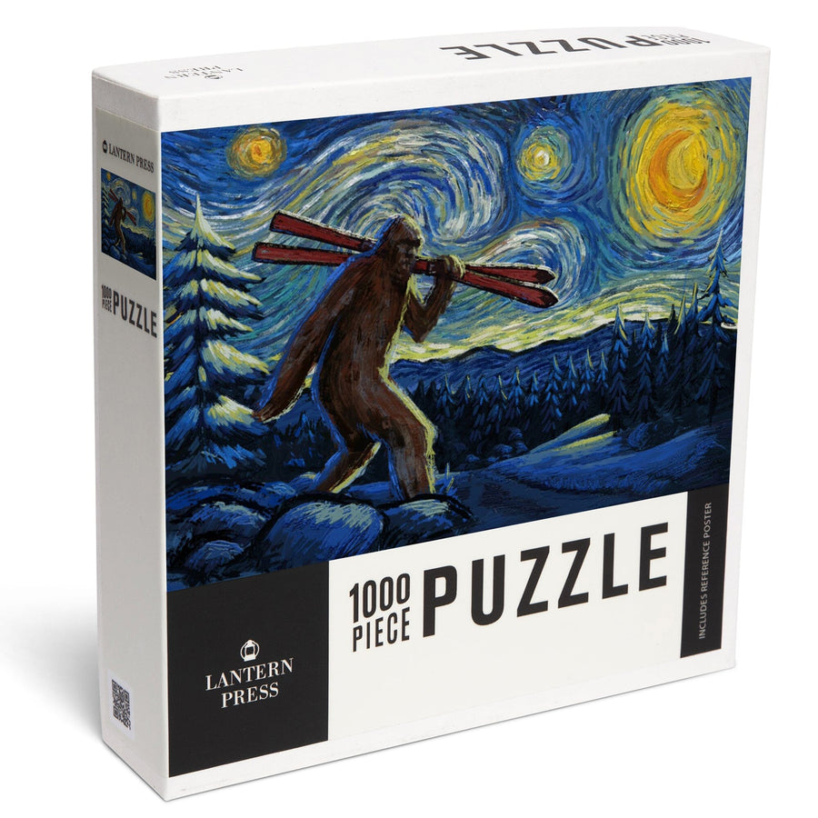 Starry Night, Winter Bigfoot with Skis, Jigsaw Puzzle Puzzle Lantern Press 