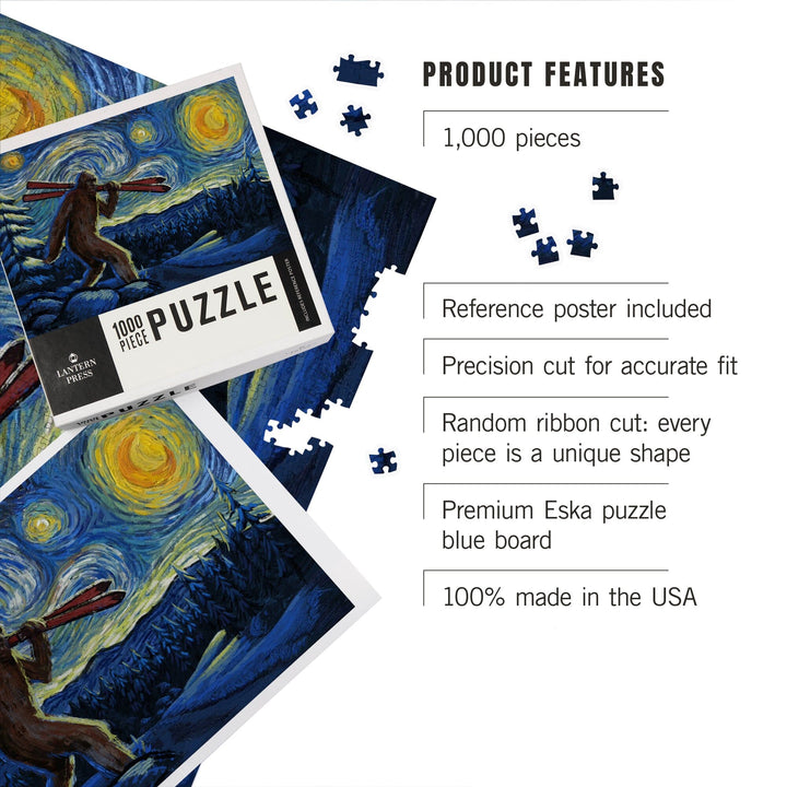 Starry Night, Winter Bigfoot with Skis, Jigsaw Puzzle Puzzle Lantern Press 