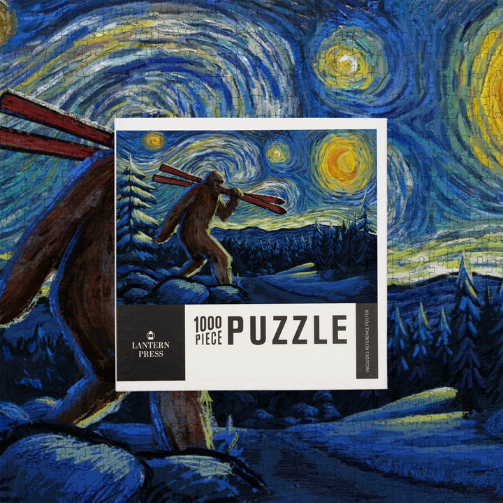 Starry Night, Winter Bigfoot with Skis, Jigsaw Puzzle Puzzle Lantern Press 