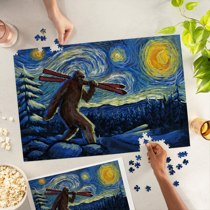 Starry Night, Winter Bigfoot with Skis, Jigsaw Puzzle Puzzle Lantern Press 
