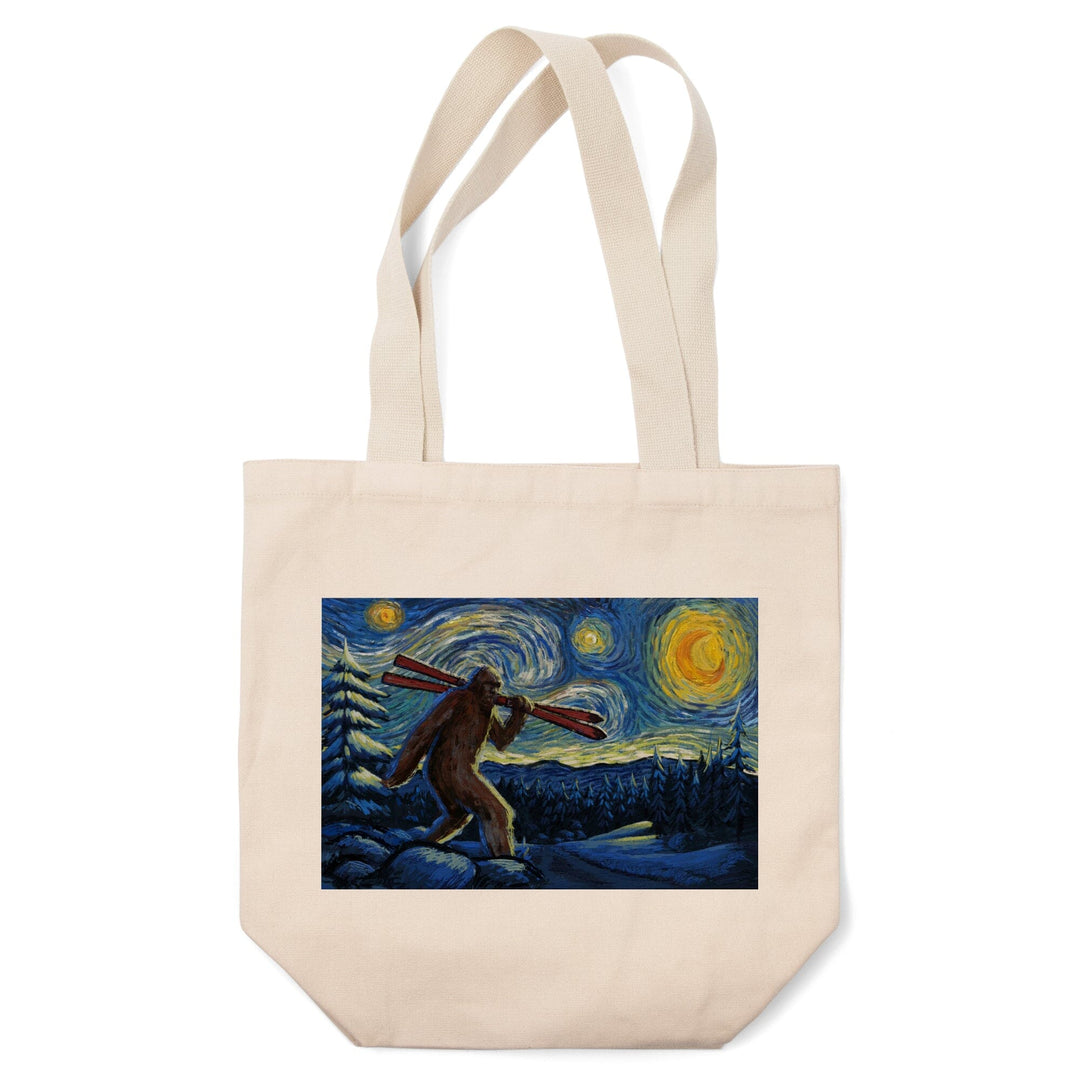 Starry Night, Winter Bigfoot with Skis, Tote Bag Totes Lantern Press 