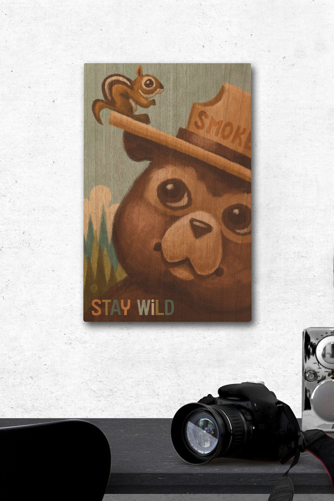 Stay Wild, Smokey Bear and Squirrel, Lantern Press Artwork, Wood Signs and Postcards Wood Lantern Press 12 x 18 Wood Gallery Print 