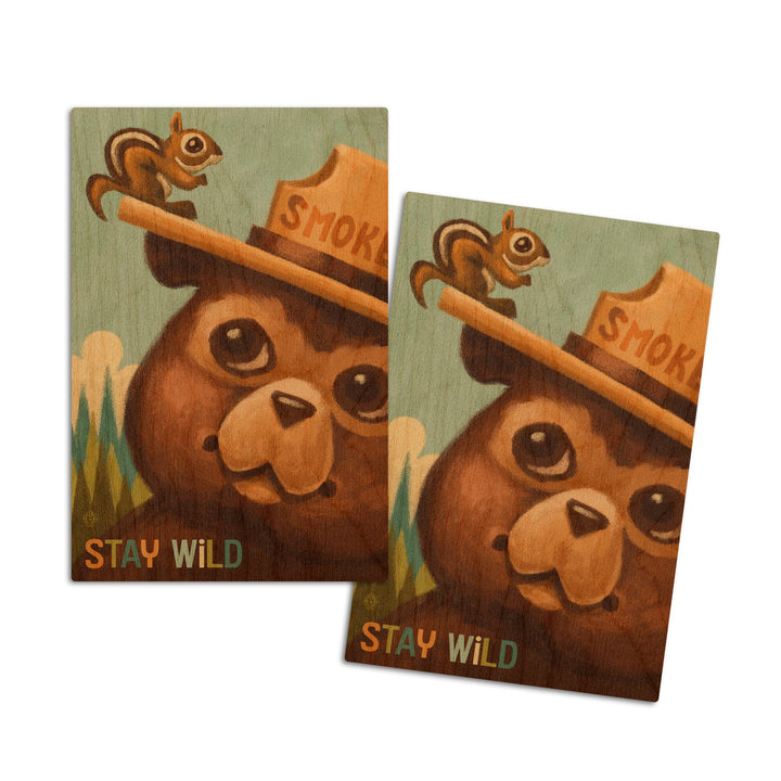 Stay Wild, Smokey Bear and Squirrel, Lantern Press Artwork, Wood Signs and Postcards Wood Lantern Press 4x6 Wood Postcard Set 