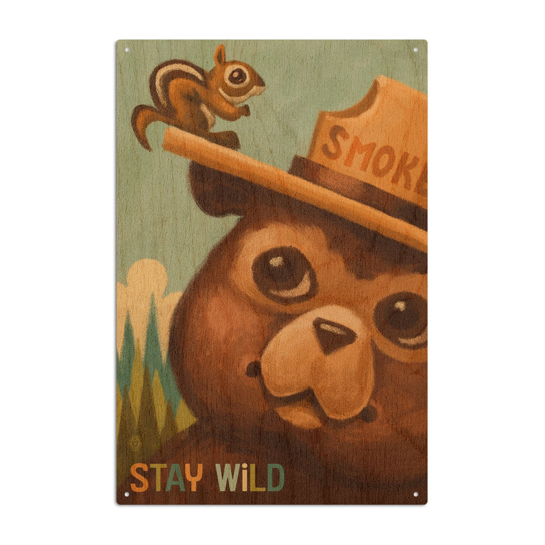 Stay Wild, Smokey Bear and Squirrel, Lantern Press Artwork, Wood Signs and Postcards Wood Lantern Press 6x9 Wood Sign 