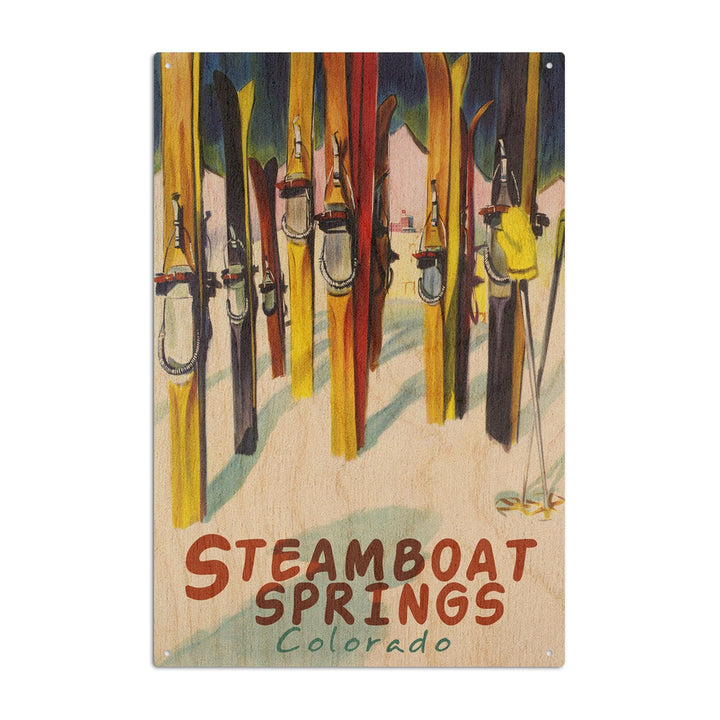 Steamboat Springs, Colorado, Colorful Skis, Lantern Press Artwork, Wood Signs and Postcards Wood Lantern Press 10 x 15 Wood Sign 