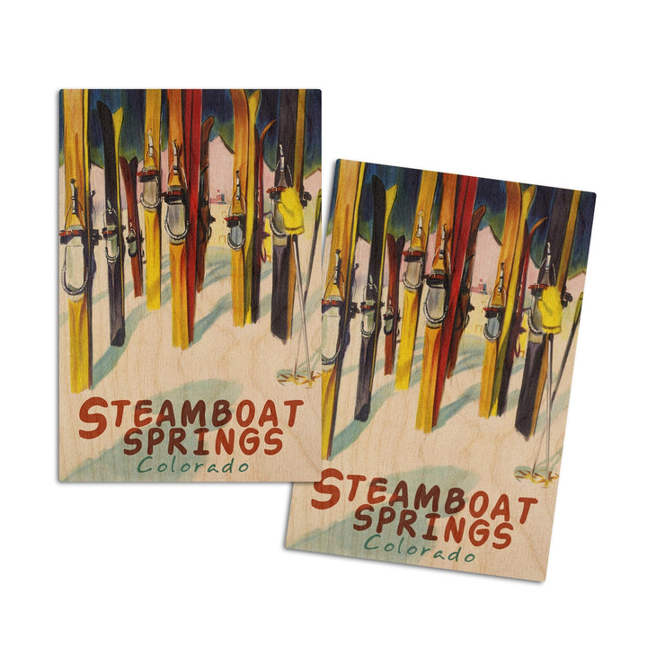 Steamboat Springs, Colorado, Colorful Skis, Lantern Press Artwork, Wood Signs and Postcards Wood Lantern Press 4x6 Wood Postcard Set 