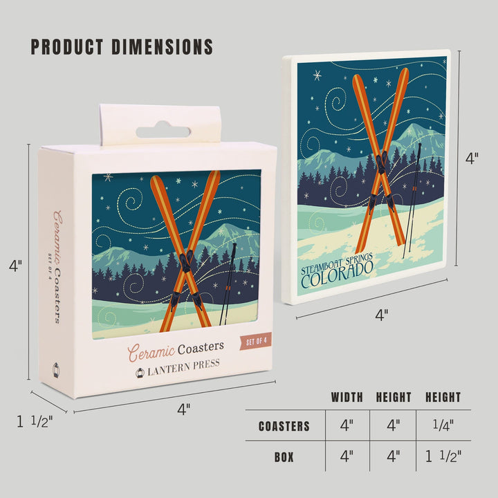 Steamboat Springs, Colorado, Crossed Skis, Letterpress, Coasters Coasters Lantern Press 
