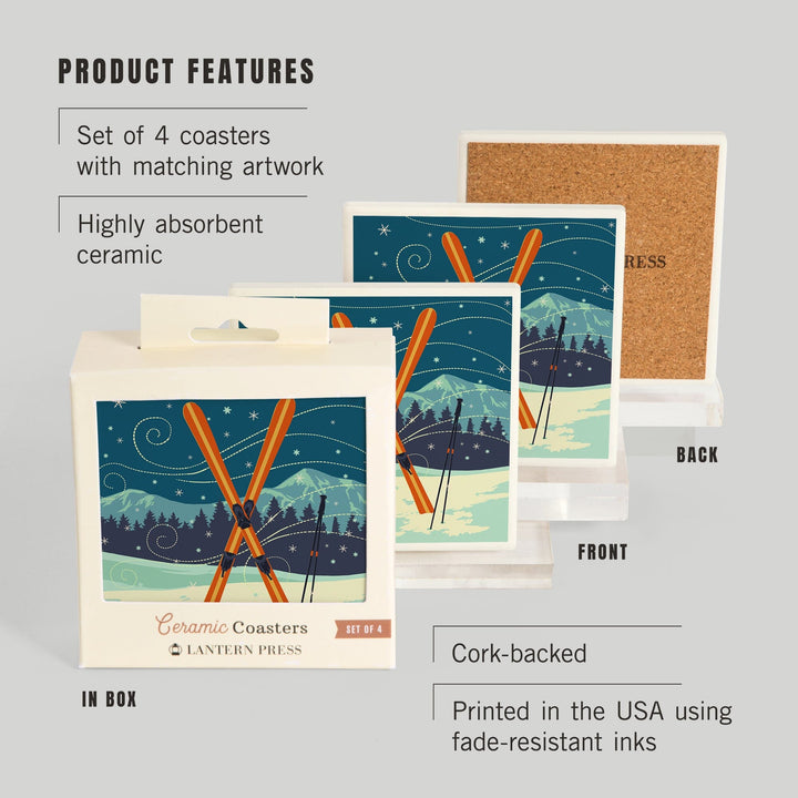 Steamboat Springs, Colorado, Crossed Skis, Letterpress, Coasters Coasters Lantern Press 