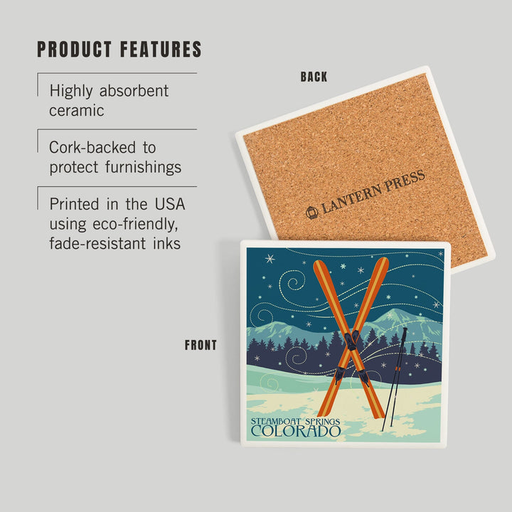 Steamboat Springs, Colorado, Crossed Skis, Letterpress, Coasters Coasters Lantern Press 