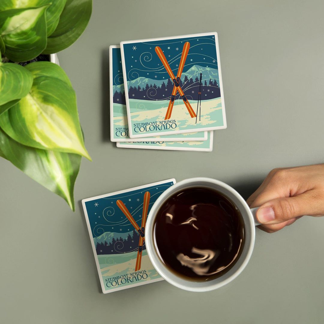 Steamboat Springs, Colorado, Crossed Skis, Letterpress, Coasters Coasters Lantern Press 