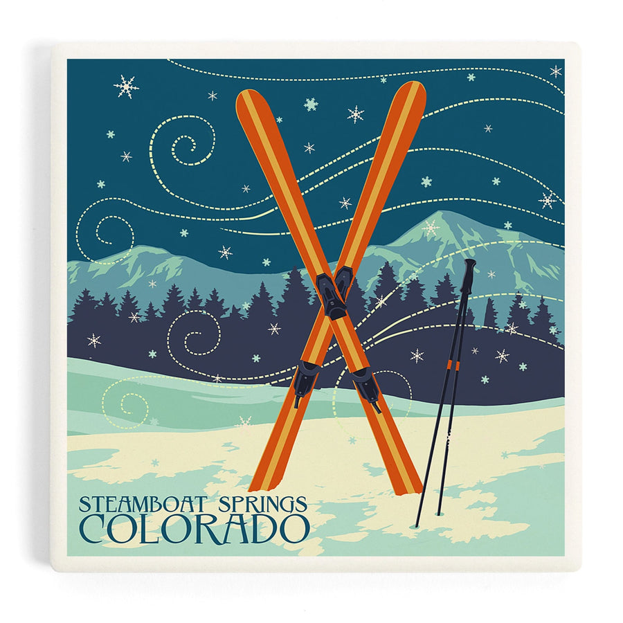 Steamboat Springs, Colorado, Crossed Skis, Letterpress, Coasters Coasters Lantern Press 