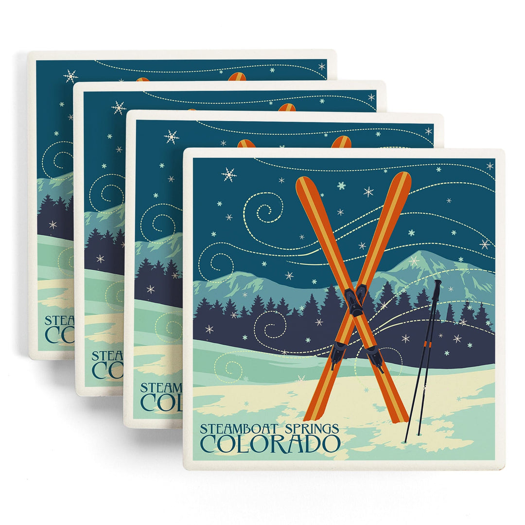 Steamboat Springs, Colorado, Crossed Skis, Letterpress, Lantern Press Artwork, Coaster Set Coasters Lantern Press 