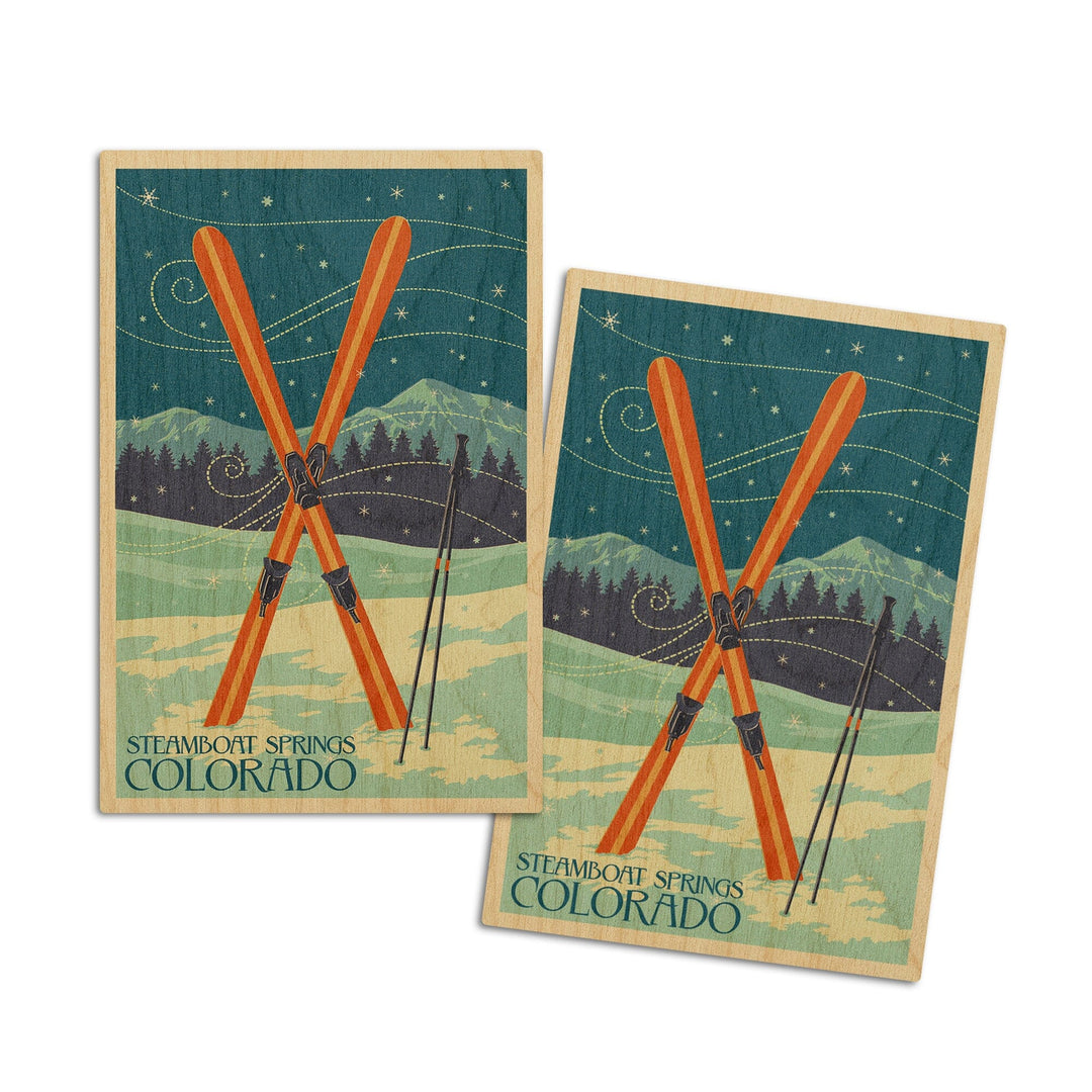 Steamboat Springs, Colorado, Crossed Skis, Letterpress, Lantern Press Artwork, Wood Signs and Postcards Wood Lantern Press 4x6 Wood Postcard Set 