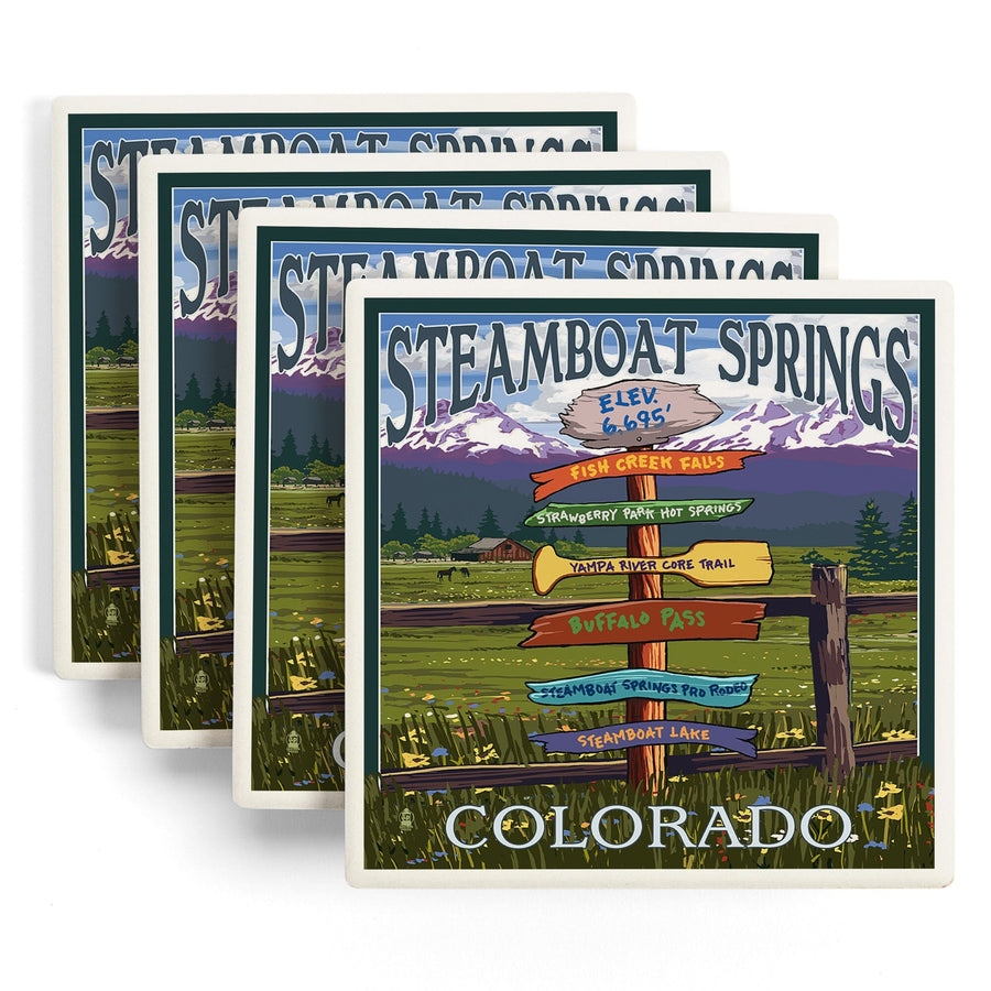 Steamboat Springs, Colorado, Destinations Sign, Lantern Press Artwork, Coaster Set Coasters Lantern Press 