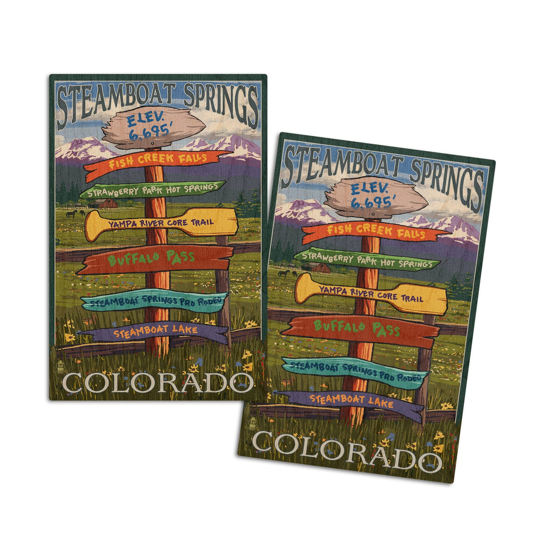 Steamboat Springs, Colorado, Destinations Sign, Lantern Press Artwork, Wood Signs and Postcards Wood Lantern Press 4x6 Wood Postcard Set 