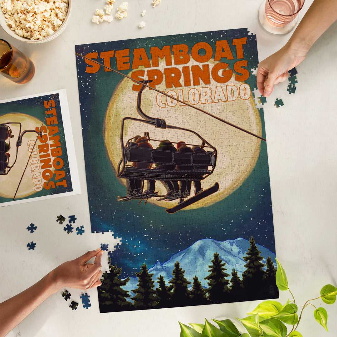 Steamboat Springs, Colorado, Ski Lift and Full Moon, Jigsaw Puzzle Puzzle Lantern Press 