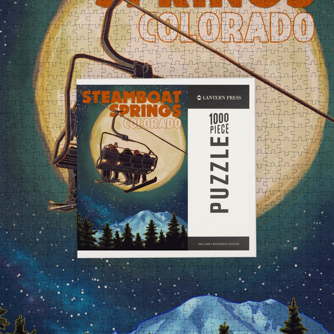 Steamboat Springs, Colorado, Ski Lift and Full Moon, Jigsaw Puzzle Puzzle Lantern Press 