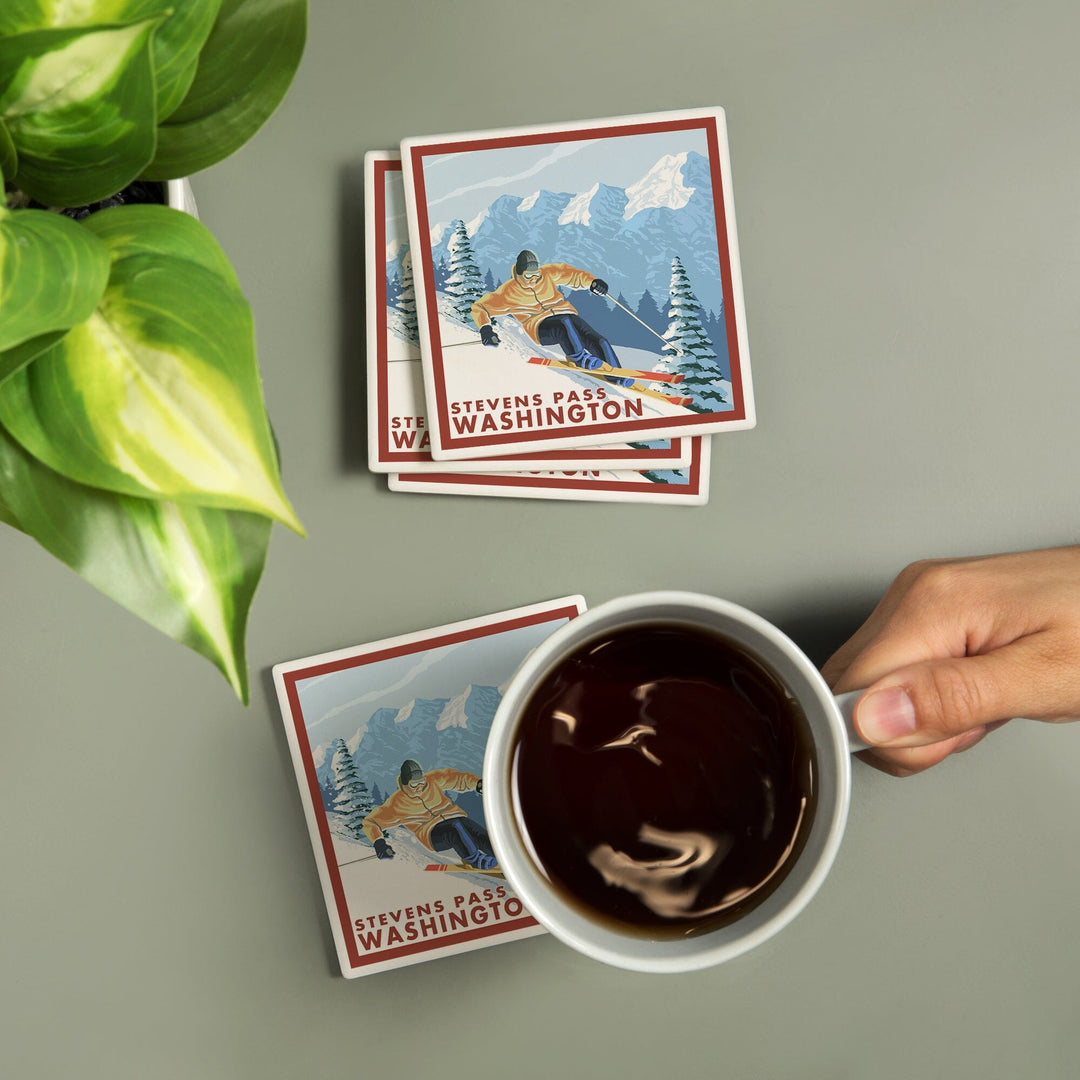 Stevens Pass, Washington, Downhill Snow Skier, Coasters Coasters Lantern Press 