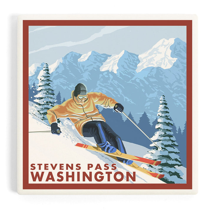 Stevens Pass, Washington, Downhill Snow Skier, Coasters Coasters Lantern Press 