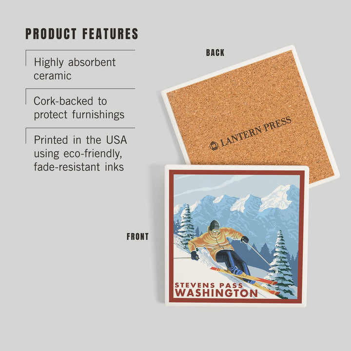 Stevens Pass, Washington, Downhill Snow Skier, Coasters Coasters Lantern Press 
