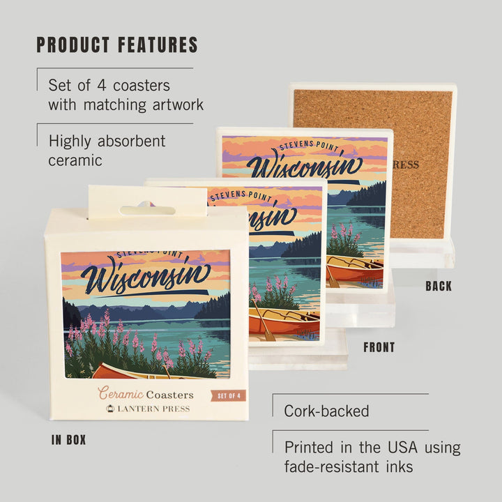 Stevens Point, Wisconsin, Canoe and Lake Scene, Coasters Coasters Lantern Press 