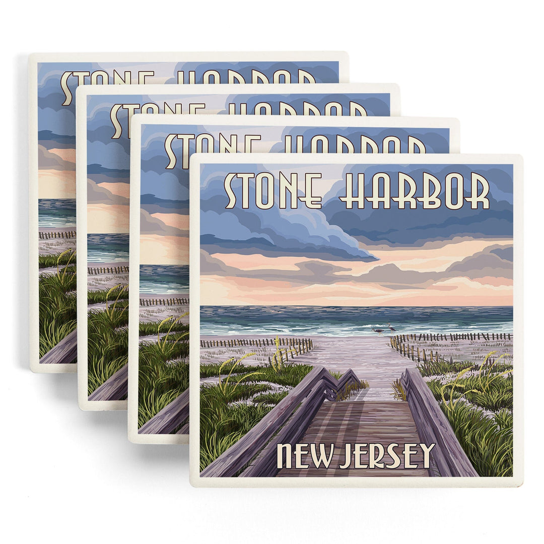 Stone Harbor, New Jersey, Beach Boardwalk Scene, Lantern Press Artwork, Coaster Set Coasters Lantern Press 