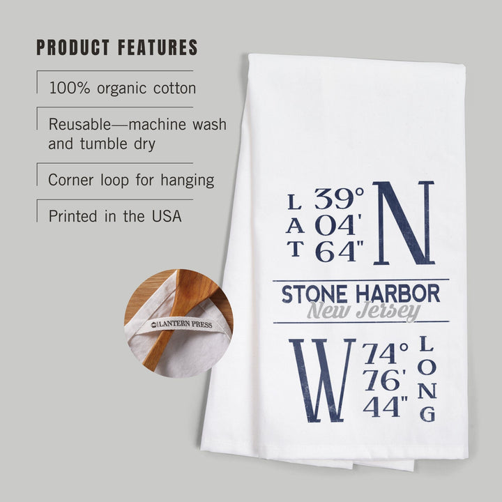 Stone Harbor, New Jersey, Latitude and Longitude (Blue), Organic Cotton Kitchen Tea Towels Kitchen Lantern Press 