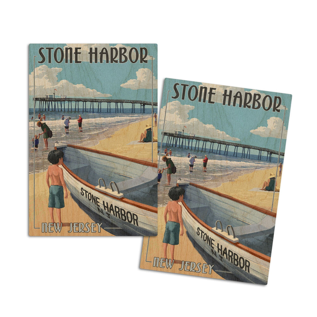 Stone Harbor, New Jersey, Lifeboat, Lantern Press Poster, Wood Signs and Postcards Wood Lantern Press 4x6 Wood Postcard Set 