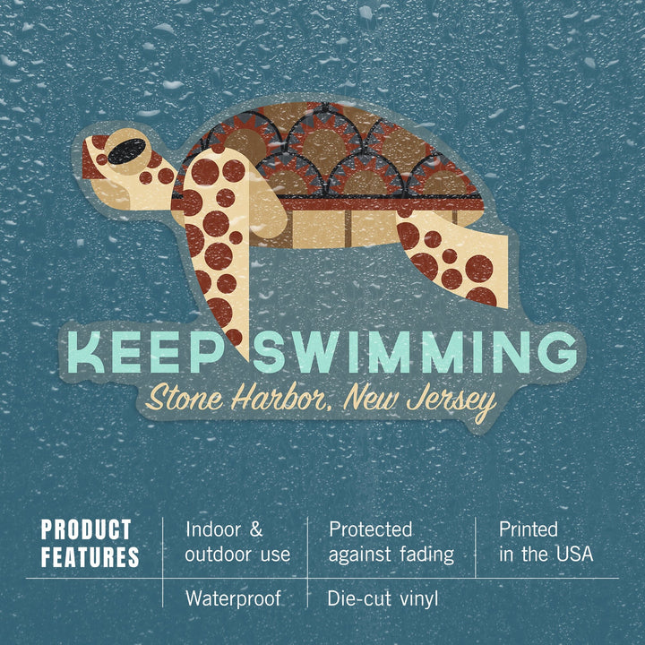 Stone Harbor, New Jersey, Sea Turtle, Keep Swimming, Geometric, Contour, Vinyl Sticker Sticker Lantern Press 