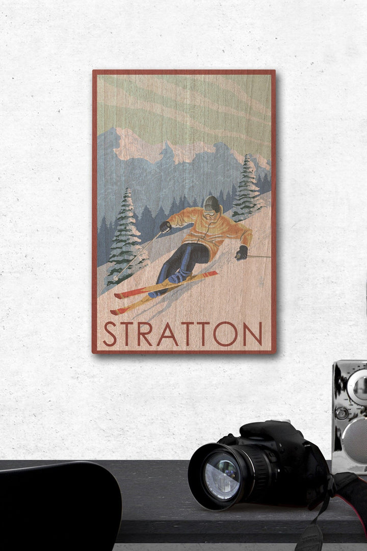 Stratton, Vermont, Downhill Skier Scene, Lantern Press Artwork, Wood Signs and Postcards Wood Lantern Press 12 x 18 Wood Gallery Print 