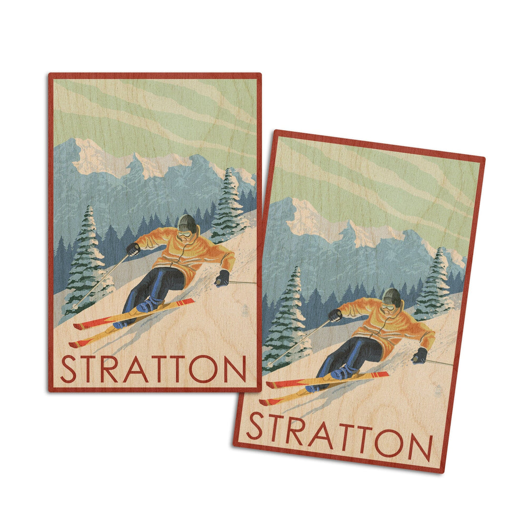 Stratton, Vermont, Downhill Skier Scene, Lantern Press Artwork, Wood Signs and Postcards Wood Lantern Press 4x6 Wood Postcard Set 