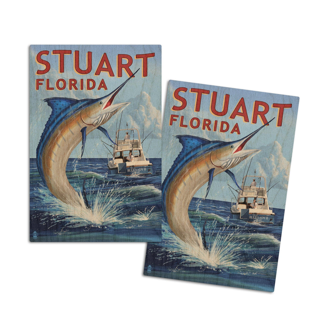 Stuart, Florida, Marlin Fishing Scene, Lantern Press Artwork, Wood Signs and Postcards Wood Lantern Press 4x6 Wood Postcard Set 