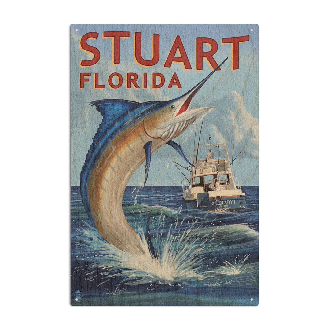 Stuart, Florida, Marlin Fishing Scene, Lantern Press Artwork, Wood Signs and Postcards Wood Lantern Press 6x9 Wood Sign 