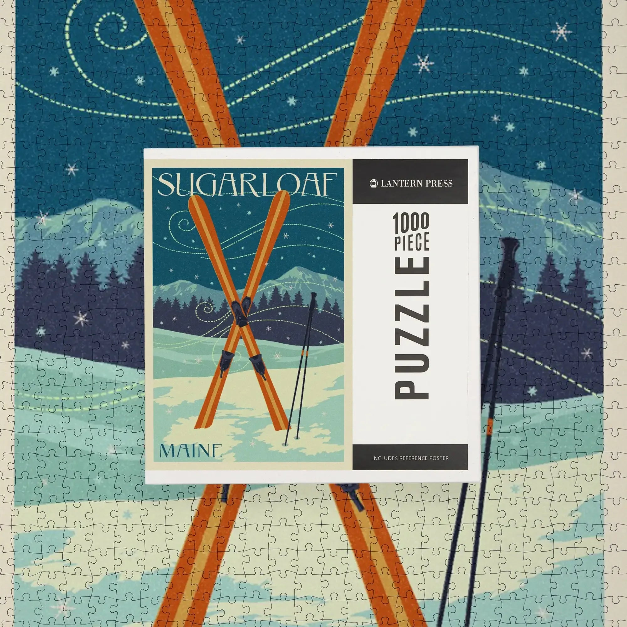 Sugarloaf, Maine, Crossed Skis, Letterpress, 1000 piece jigsaw