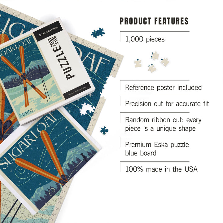 Sugarloaf, Maine, Crossed Skis, Letterpress, Jigsaw Puzzle Puzzle Lantern Press 