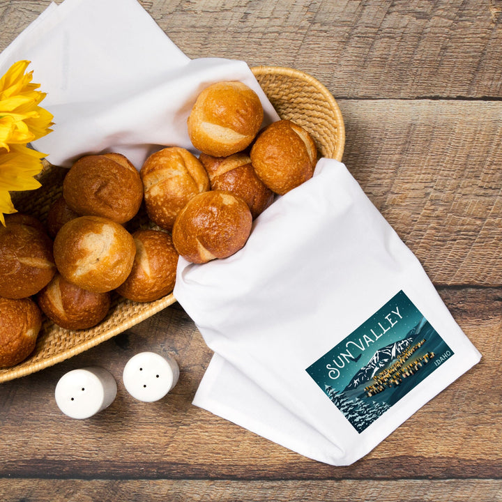 Sun Valley, Idaho, Bald Mountain and Town, Organic Cotton Kitchen Tea Towels Kitchen Lantern Press 
