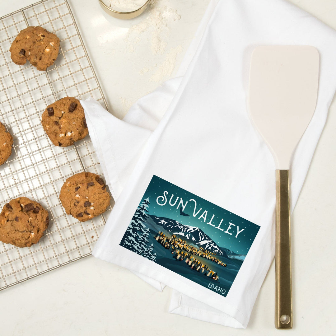Sun Valley, Idaho, Bald Mountain and Town, Organic Cotton Kitchen Tea Towels Kitchen Lantern Press 