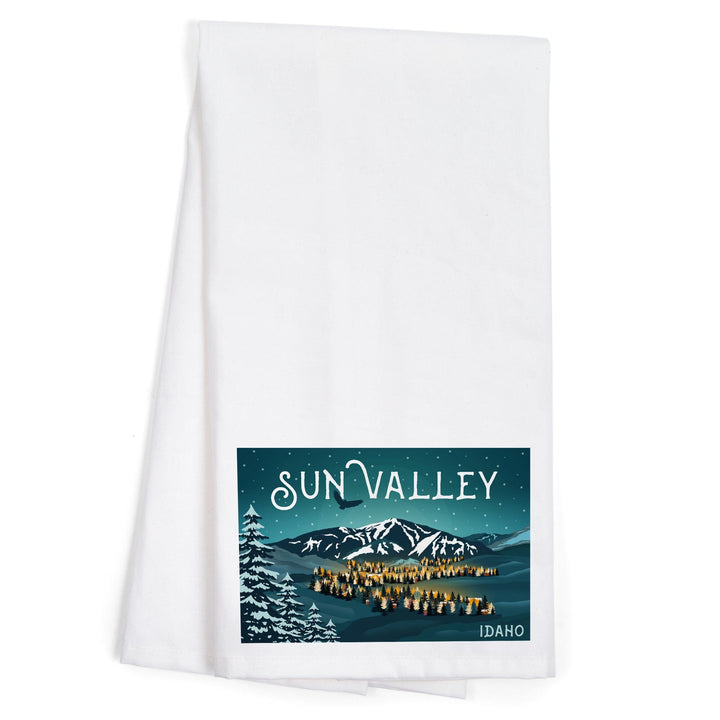 Sun Valley, Idaho, Bald Mountain and Town, Organic Cotton Kitchen Tea Towels Kitchen Lantern Press 