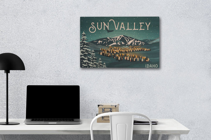 Sun Valley, Idaho, Bald Mountain & Town, Lantern Press Artwork, Wood Signs and Postcards Wood Lantern Press 12 x 18 Wood Gallery Print 