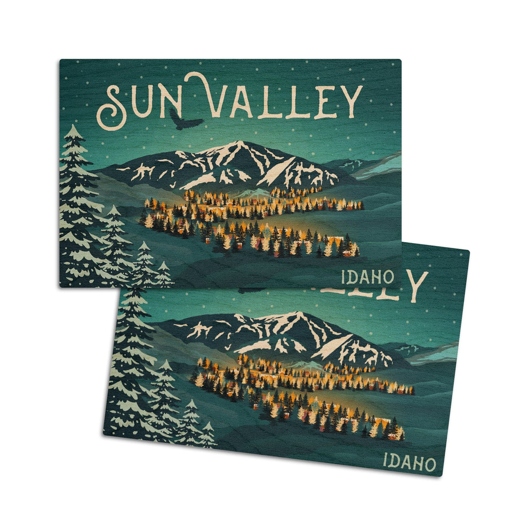 Sun Valley, Idaho, Bald Mountain & Town, Lantern Press Artwork, Wood Signs and Postcards Wood Lantern Press 4x6 Wood Postcard Set 