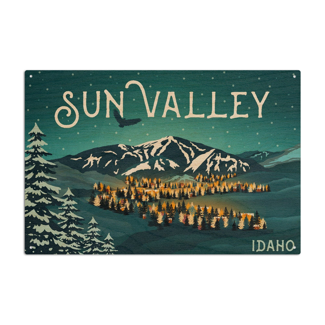 Sun Valley, Idaho, Bald Mountain & Town, Lantern Press Artwork, Wood Signs and Postcards Wood Lantern Press 6x9 Wood Sign 