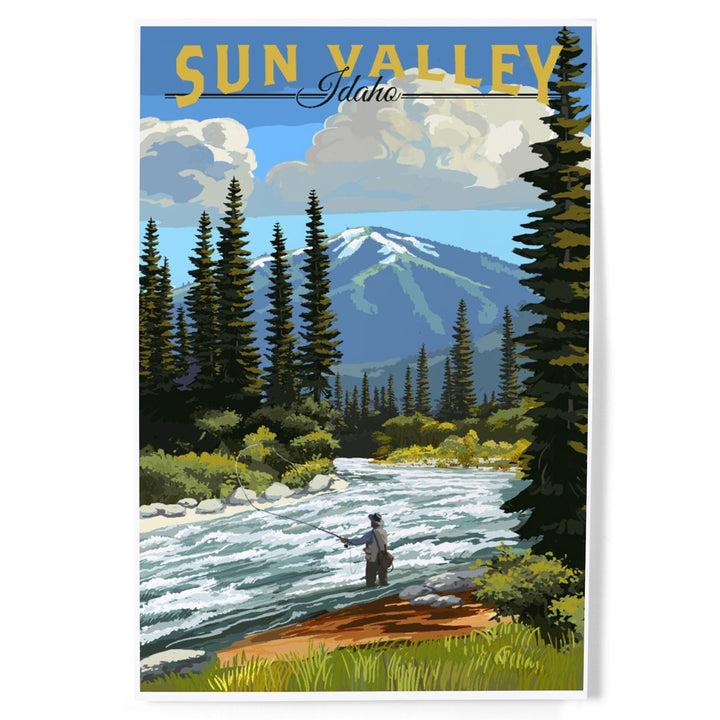 Sun Valley, Idaho, Fly Fisherman and River Rapids, Art & Giclee Prints Art Lantern Press 