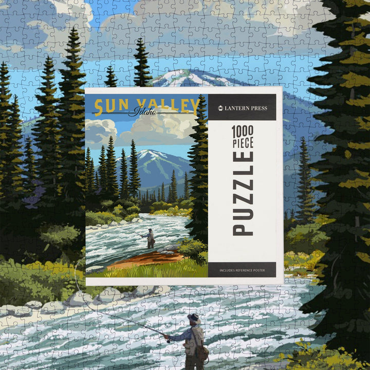 Sun Valley, Idaho, Fly Fisherman and River Rapids, Jigsaw Puzzle Puzzle Lantern Press 