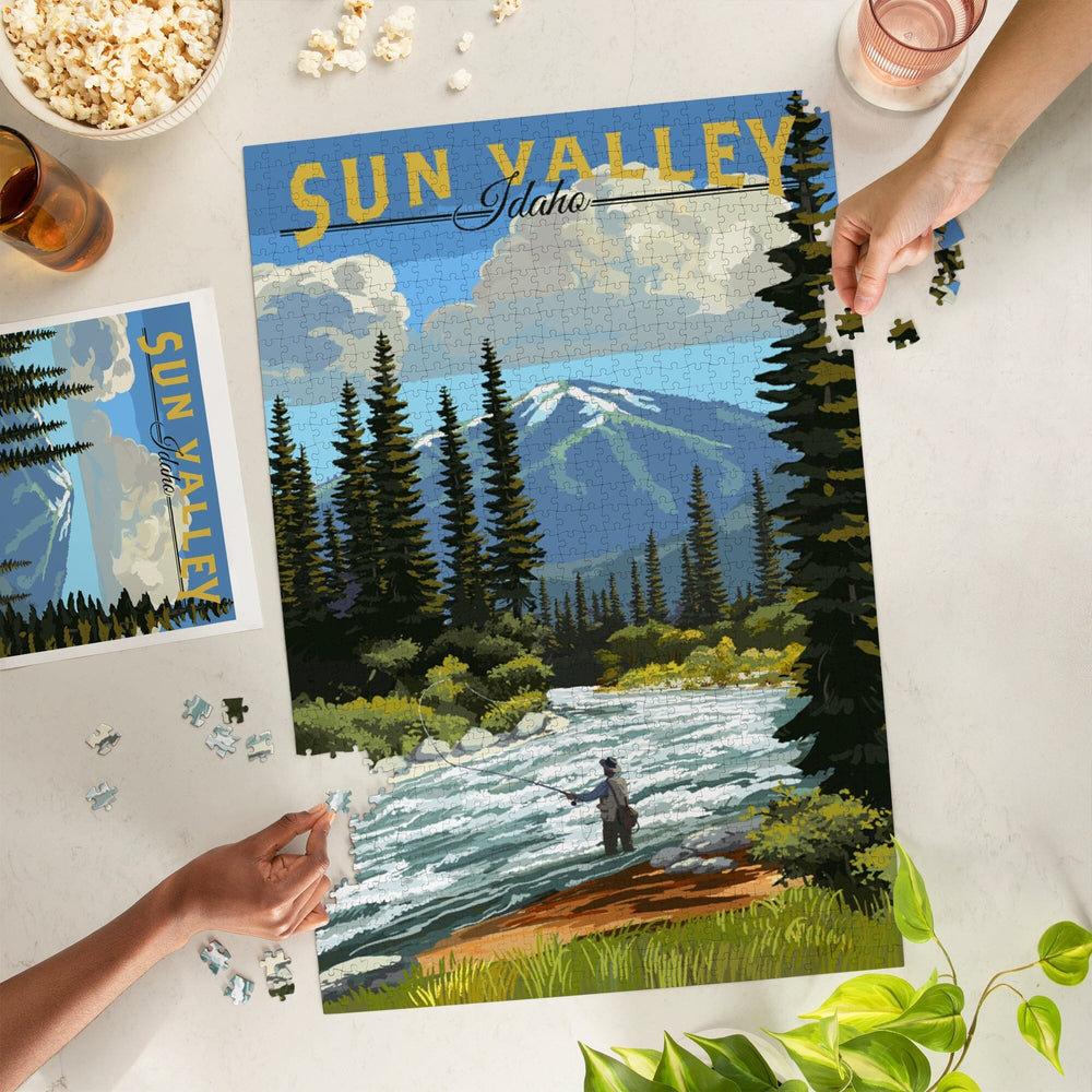 Sun Valley, Idaho, Fly Fisherman and River Rapids, Jigsaw Puzzle Puzzle Lantern Press 