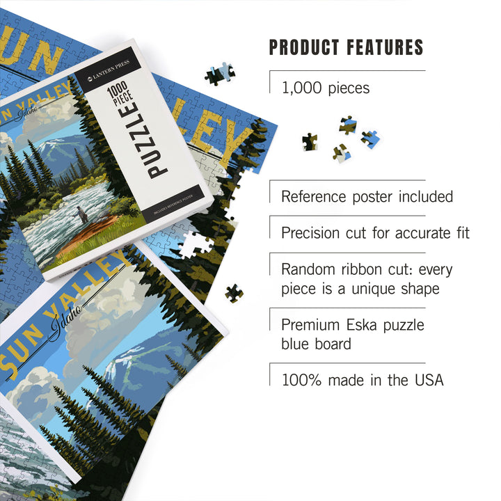 Sun Valley, Idaho, Fly Fisherman and River Rapids, Jigsaw Puzzle Puzzle Lantern Press 