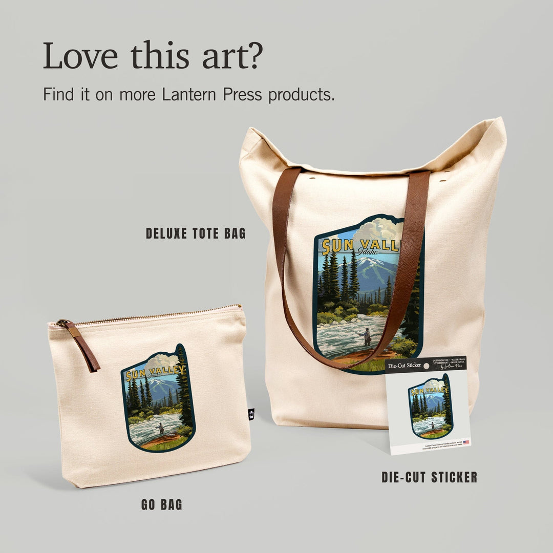 Sun Valley, Idaho, Fly Fisherman & River Rapids, Contour, Lantern Press Artwork, Vinyl Sticker Sticker Lantern Press 