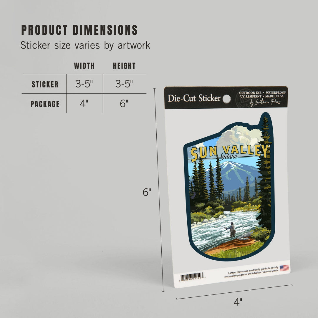 Sun Valley, Idaho, Fly Fisherman & River Rapids, Contour, Lantern Press Artwork, Vinyl Sticker Sticker Lantern Press 