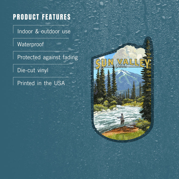 Sun Valley, Idaho, Fly Fisherman & River Rapids, Contour, Lantern Press Artwork, Vinyl Sticker Sticker Lantern Press 