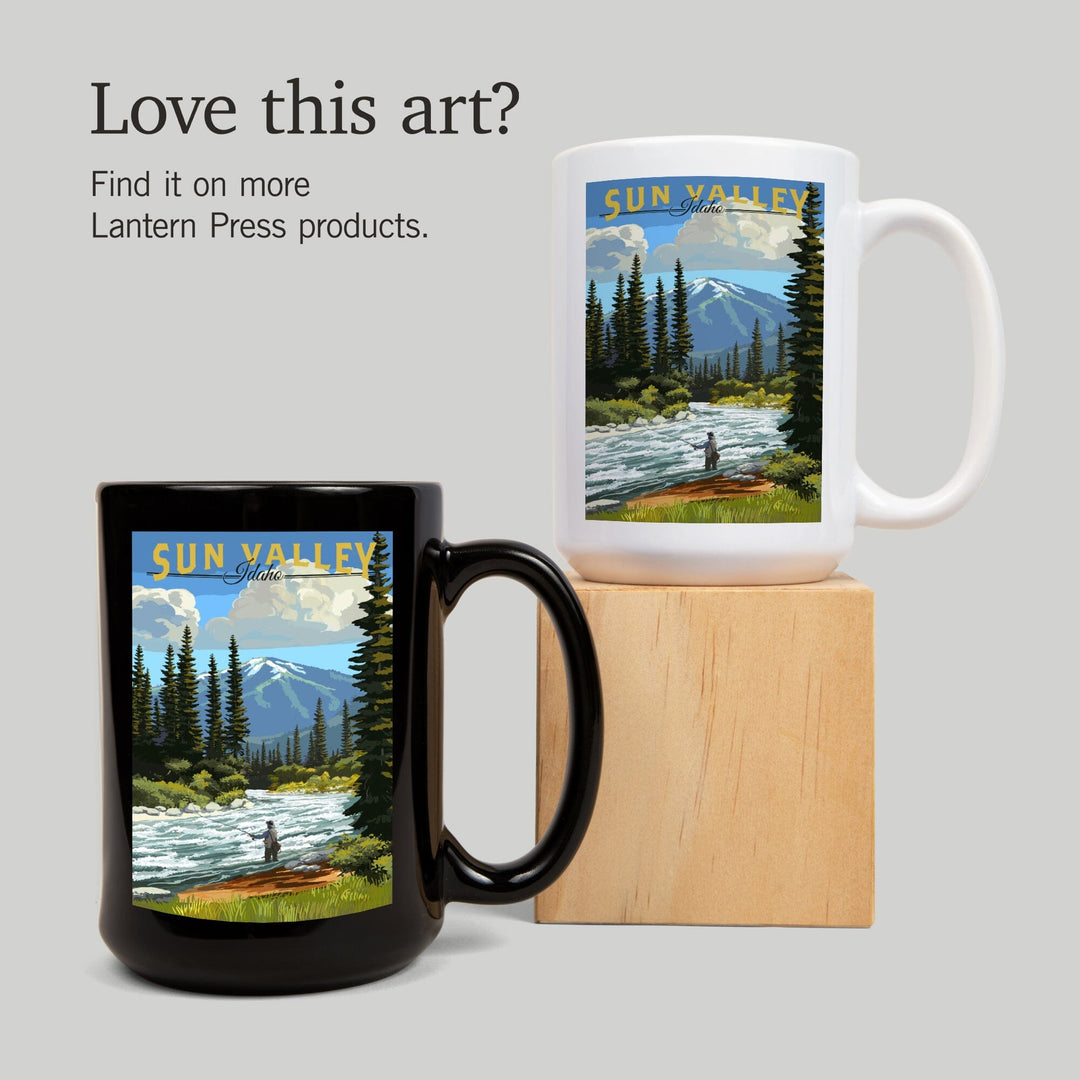 Sun Valley, Idaho, Fly Fisherman & River Rapids, Lantern Press Artwork, Ceramic Mug Mugs Lantern Press 