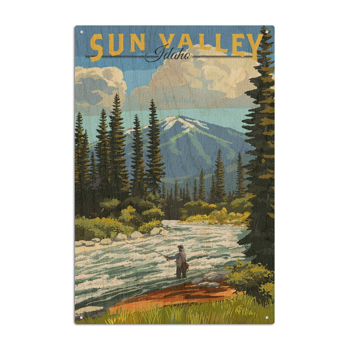 Sun Valley, Idaho, Fly Fisherman & River Rapids, Lantern Press Artwork, Wood Signs and Postcards Wood Lantern Press 10 x 15 Wood Sign 